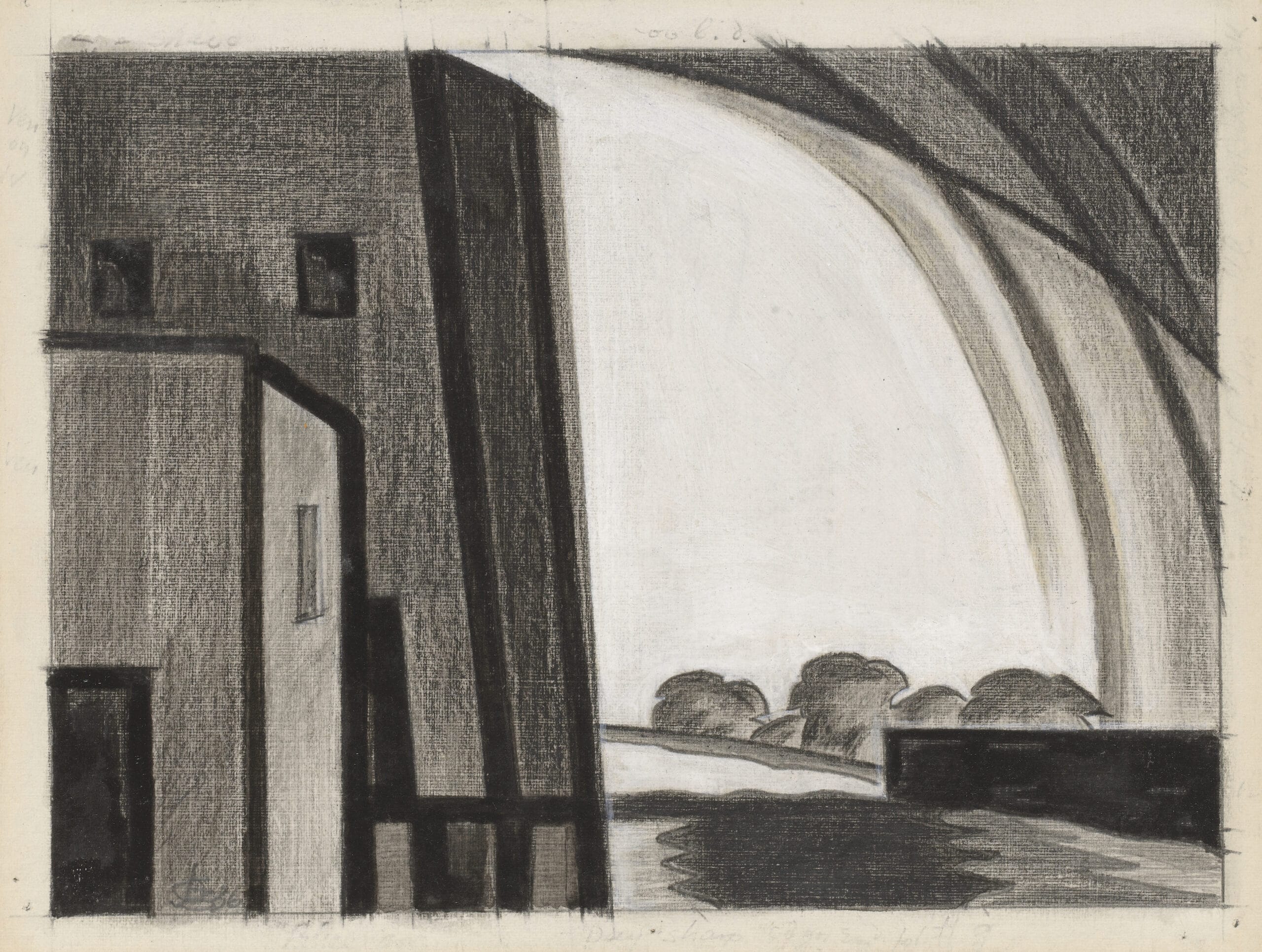 A group of buildings on the left, on the right an arc of light over an open landscape with distant trees and sky.