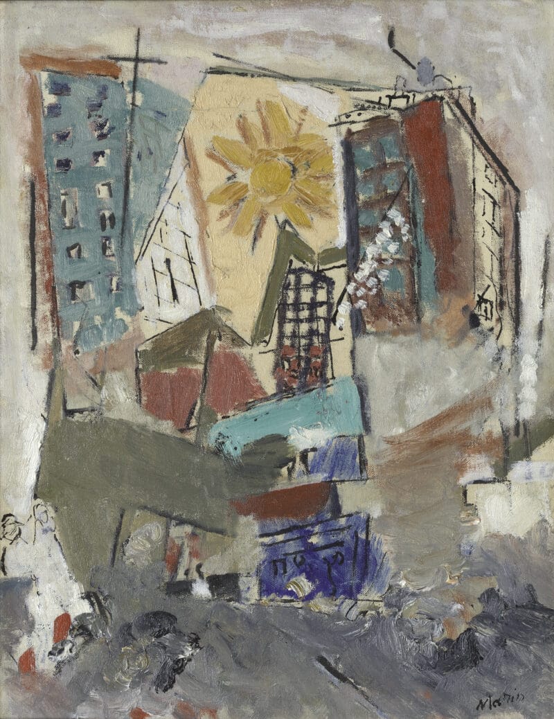 Abstract New York cityscape with overlapping tall buildings and a bright yellow sun.