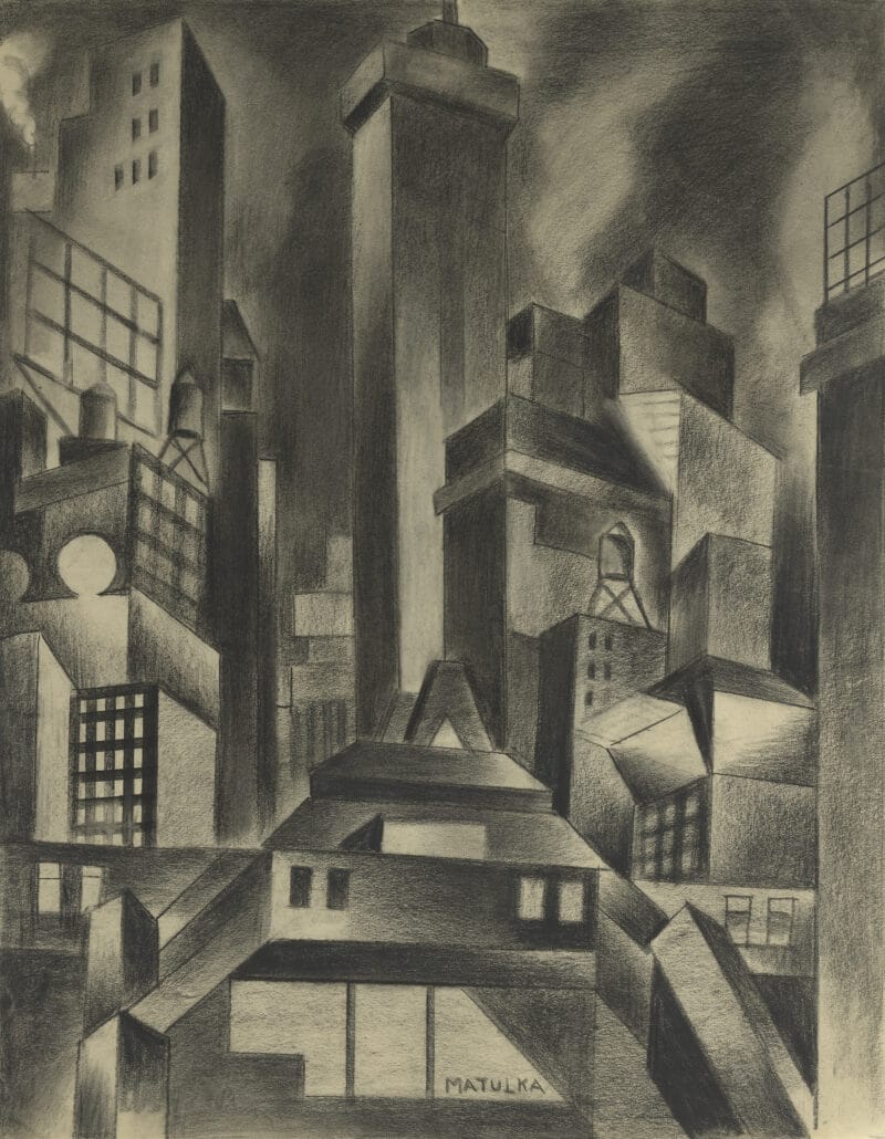 A cubist New York cityscape of tightly composed skyscrapers, an elevated train station, billboards, and water towers.