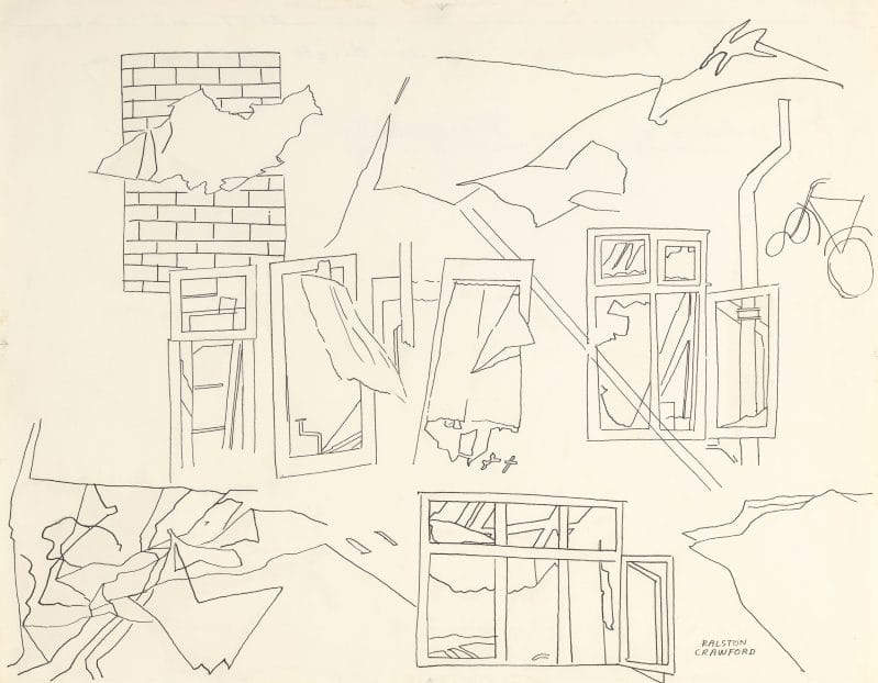 Ink studies of broken windows with torn curtains, damaged brick walls, crumpled plane parts, and a damaged bicycle.