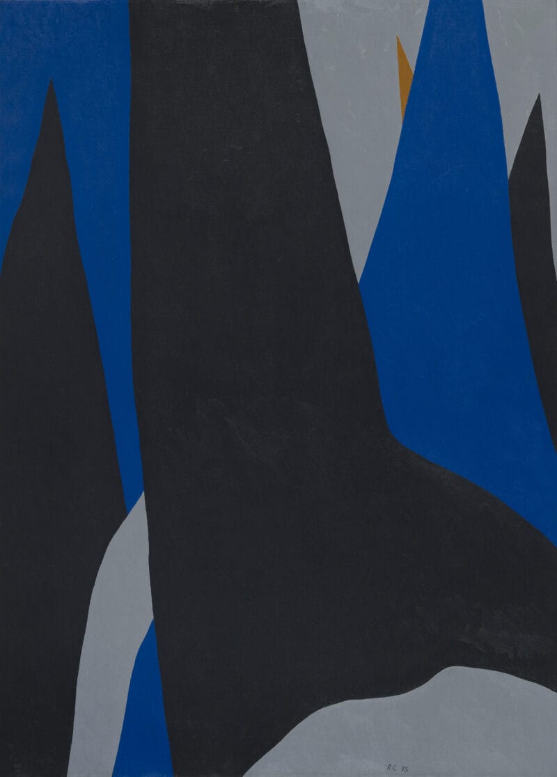 Large triangular peaks of black, blue, and grey and a small golden triangle emerging from the right of the canvas.