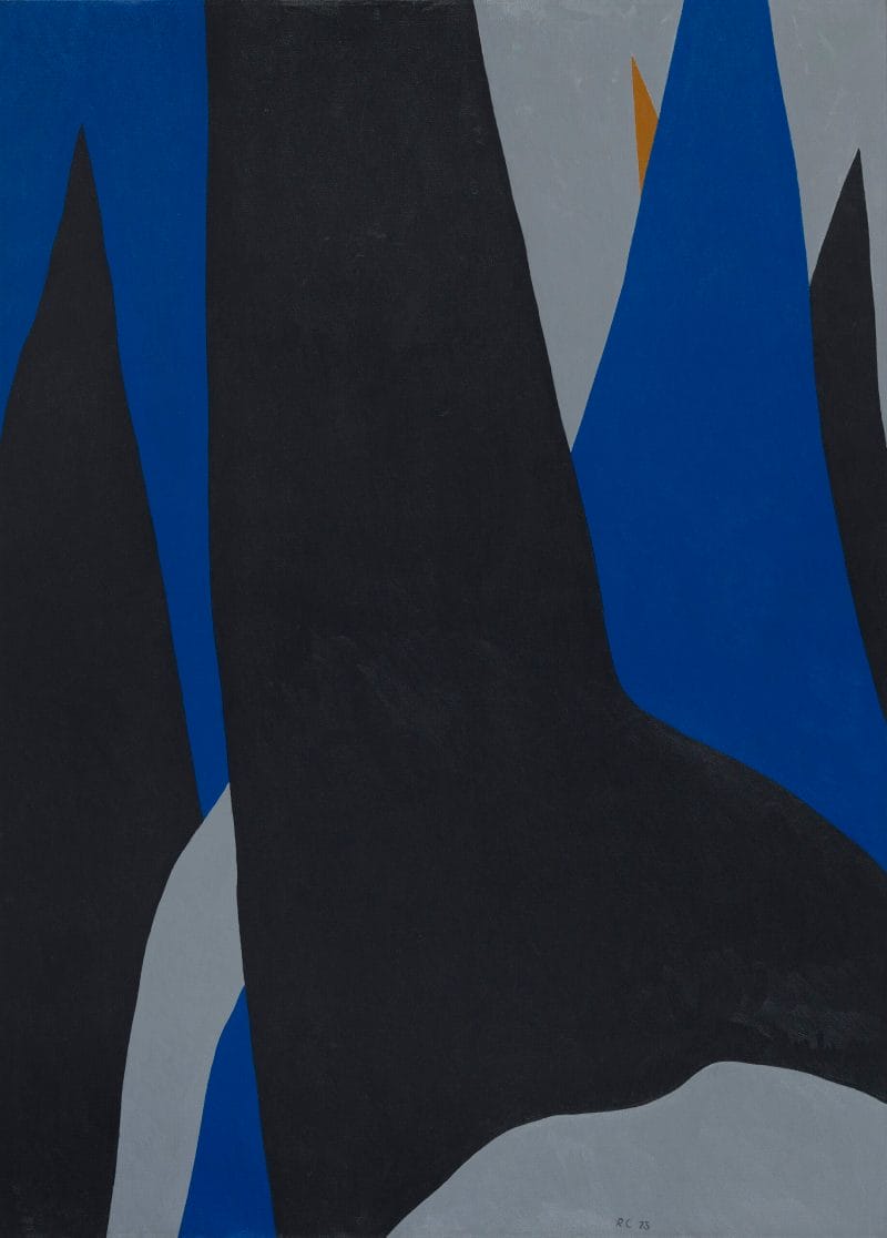 Large triangular peaks of black, blue, and grey and a small golden triangle emerging from the right of the canvas.