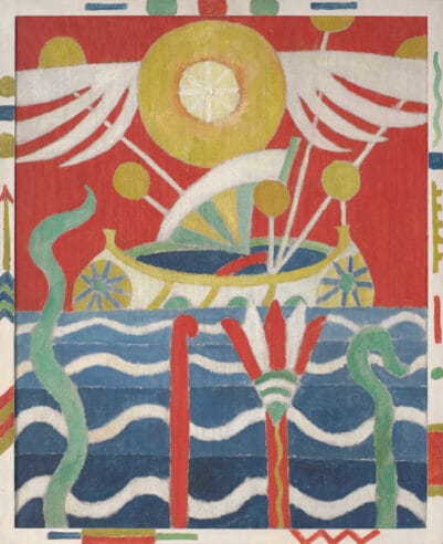 A ship, blue and white waves with four emerging stylized plants, and a yellow sun with symmetrical white wings hovering above.