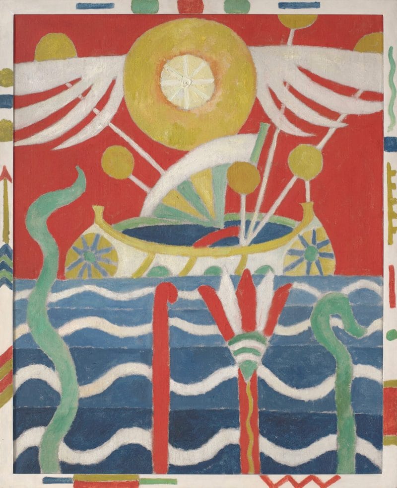 A ship, blue and white waves with four emerging stylized plants, and a yellow sun with symmetrical white wings hovering above.
