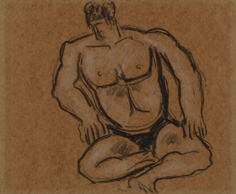 A charcoal drawing of a seated half-nude man with his legs crossed and his face obscured.