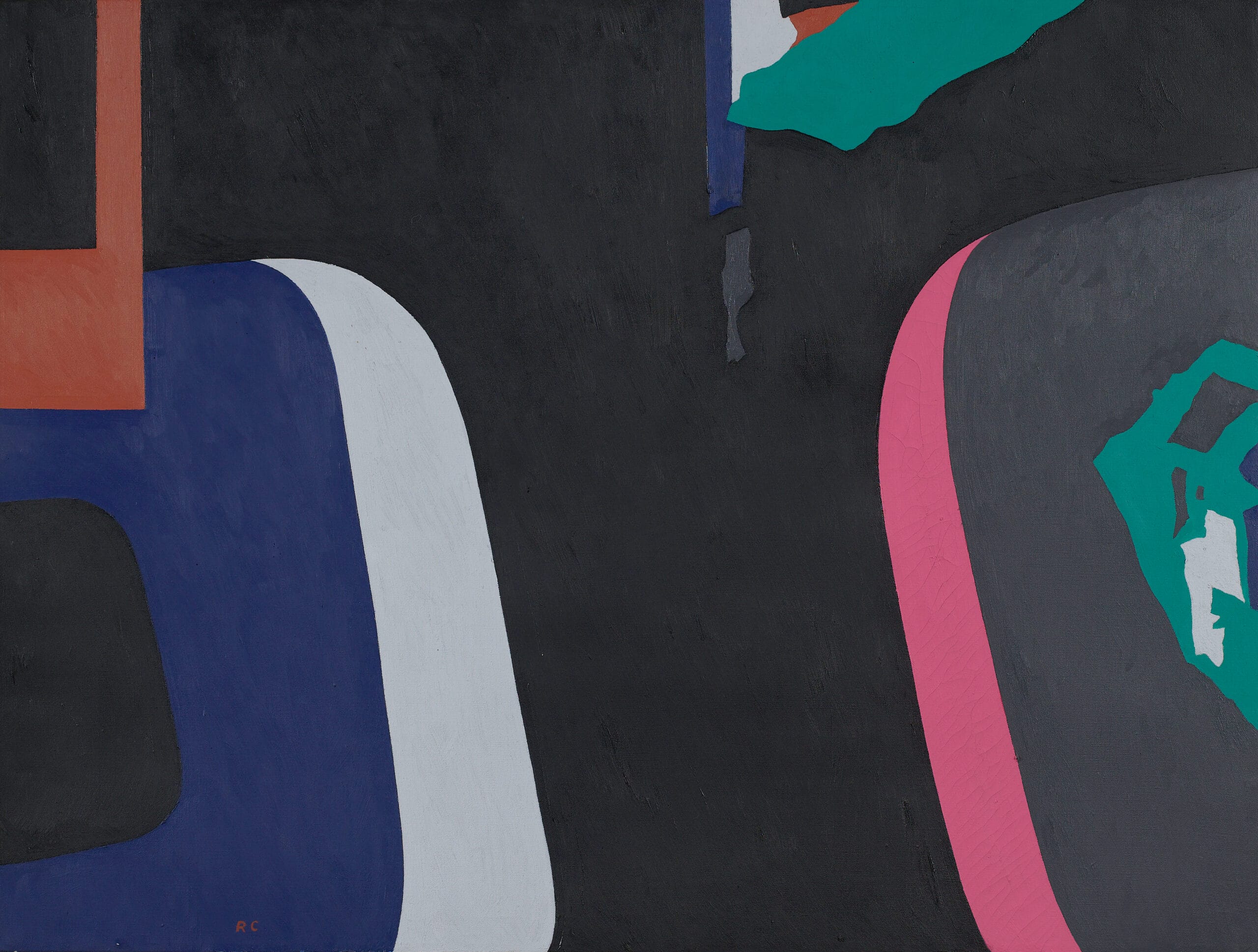 Abstract painting of layered and torn signs depicted as color strips and shapes of blue, white, teal, pink, and orange on a black background.