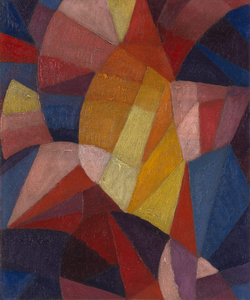 Geometric shapes of purple, pink, red, yellow, and blue with visible brushstrokes fill the canvas.