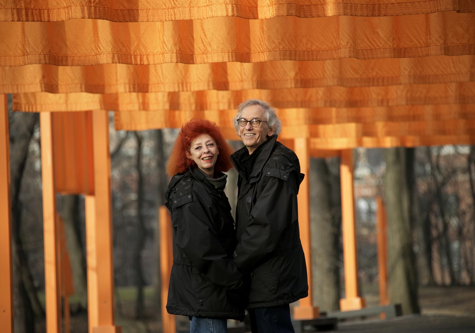 Christo and Jeanne-Claude during their work of art "The Gates," Central Park, New York City, in 2005.