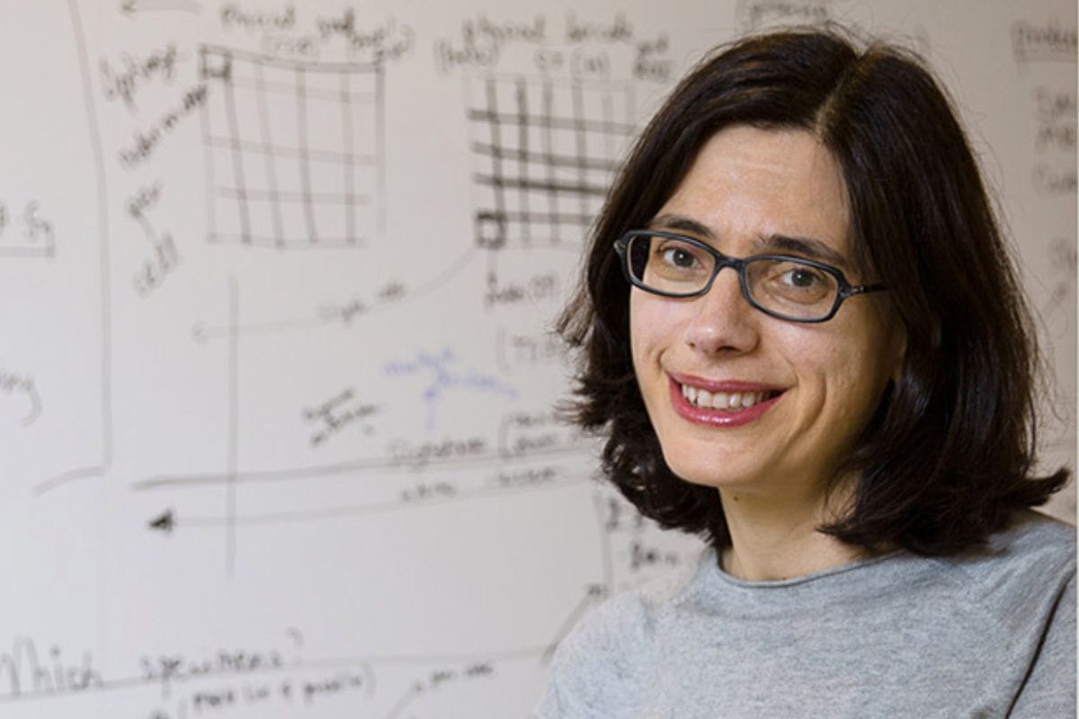 A photo of Aviv Regev in front of a white board.