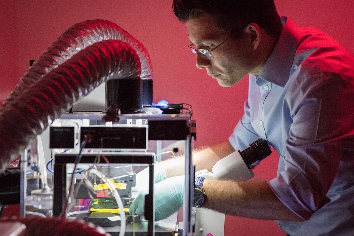 Sergiu Pasca inside a darkroom ab at Stanford University