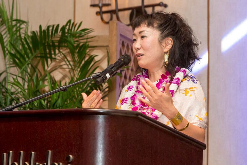 Filmmaker, HIKARI giving a speech at the 2019 Hawaii International Film Festival.