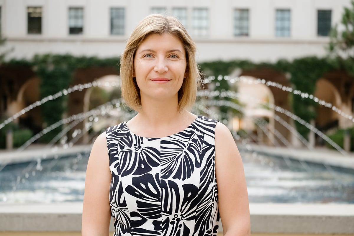 Viviana Gradinaru in front of Caltech's iconic Gene Pool