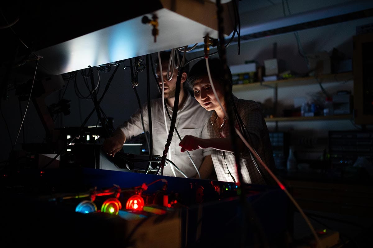 Xiaowei Zhuang with a student in her microscopy lab at Harvard University.