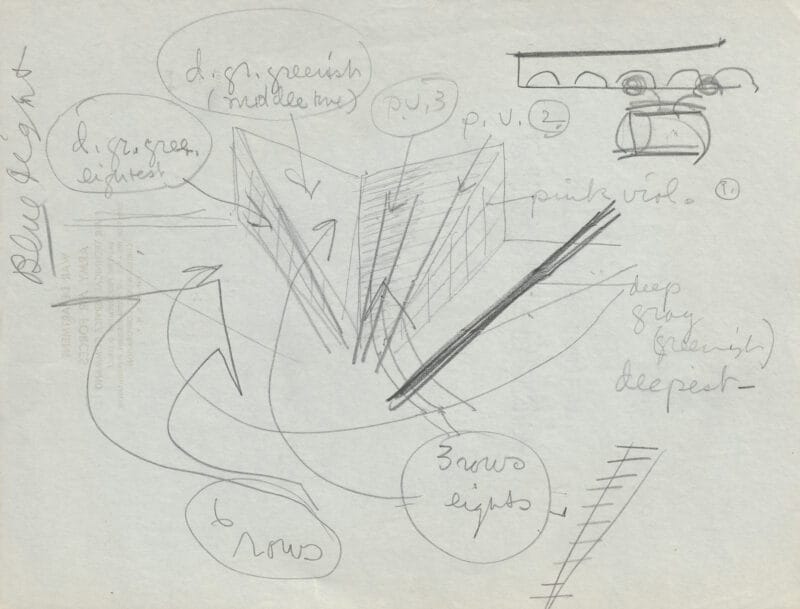 Pencil sketch of an aircraft factory with notations.