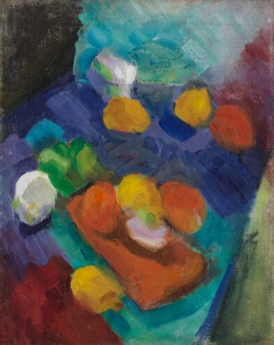 Round yellow and orange fruits on a background of blues and reds painted with thick brushstrokes.