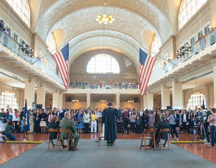 Chief Judge Katzmann swears in new citizens on Ellis Island, September 16, 2016.