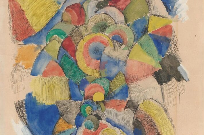 Orbs of primary colors radiate out from the center of the drawing.