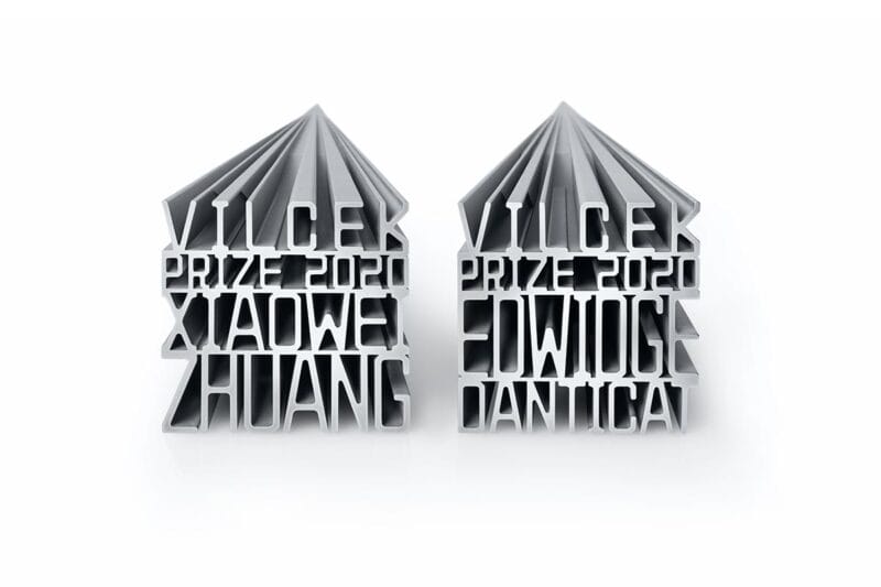 Vilcek Prize trophies for Xiaowei Zhuang and Edwidge Danticat