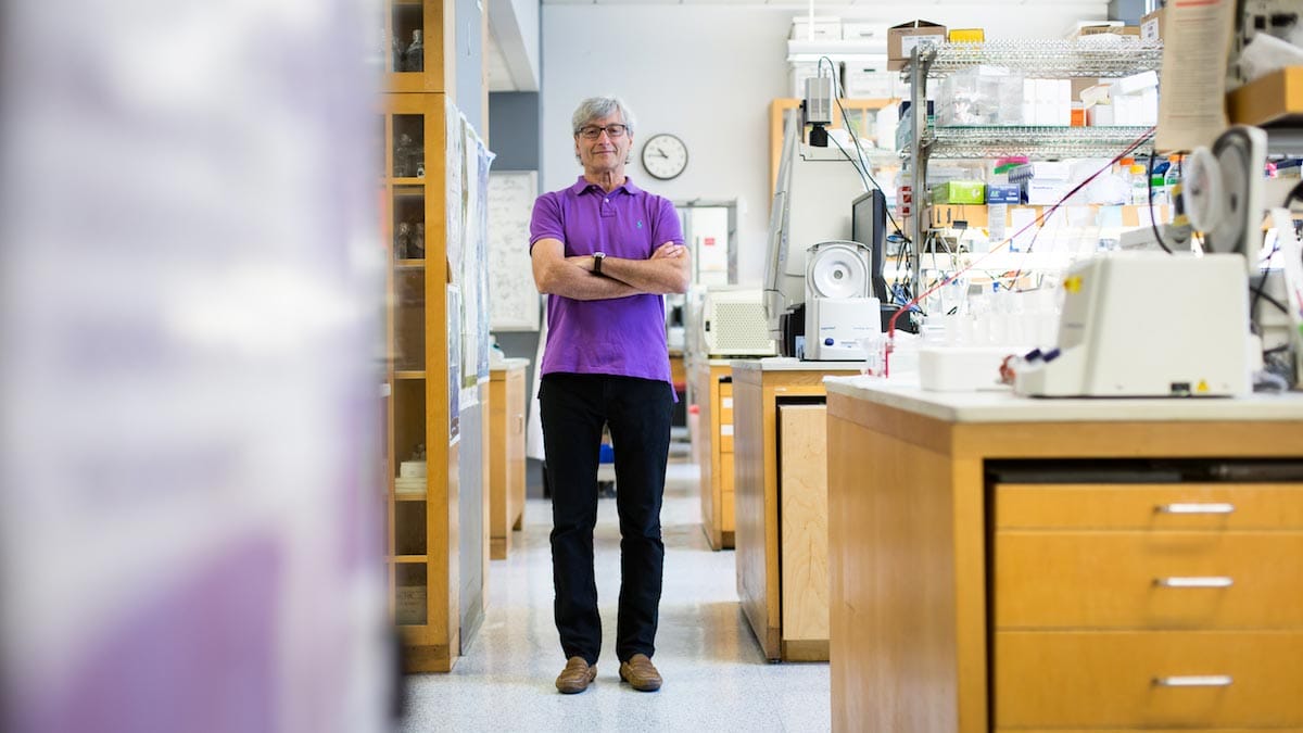 Dan R. Littman is pictured standing alongside the stations in a laboratory, wearing a purple polo.