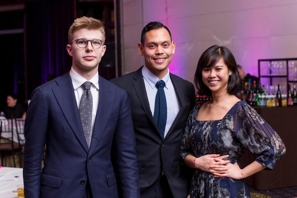 Ronnie Mewengkang poses with colleagues Aaron Pope and Joyce Li at the Vilcek Foundation awards gala.