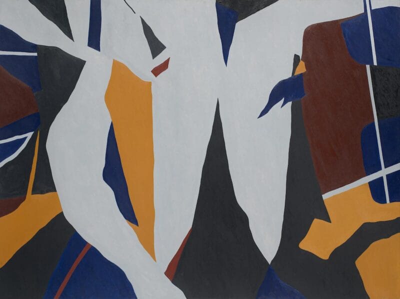 Ralston Crawford's 'Torn Signs' painting in gold, blue, and grays.