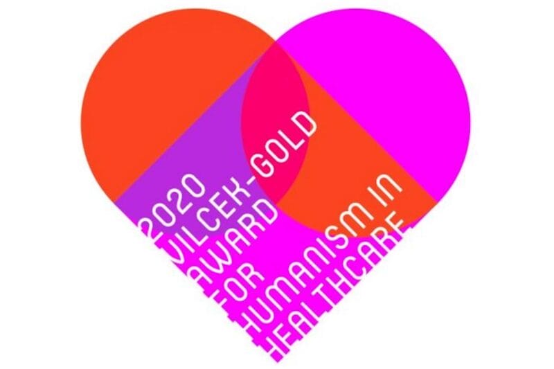 A graphic model of the Vilcek-Gold 2020 award - A heart with geometric shapes in pink, purple, and orange.