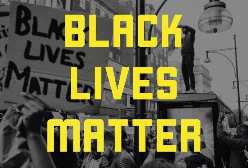 Graphic of Black Lives Matter in yellow against a black and white background of protestors in the street.