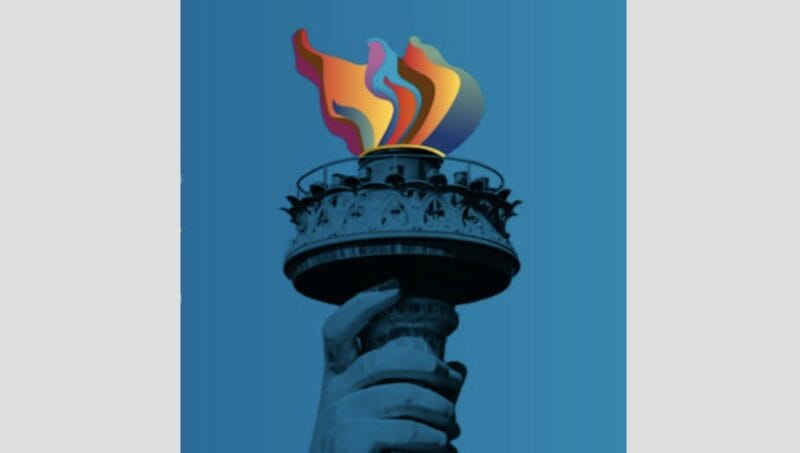 A blue graphic of a torch with a multicolor flame.