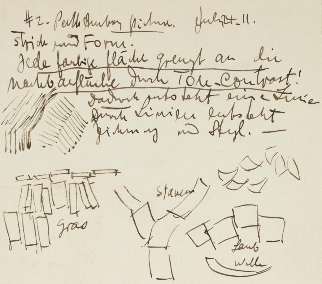 A detail view of Oscar Bluemner's notebook recording the conception of the work, “#2 Perth Amboy picture.”