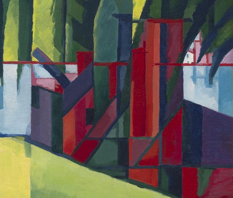 A detail of the fractured planes of the building in the foreground, featuring Bluemner’s signature reds.