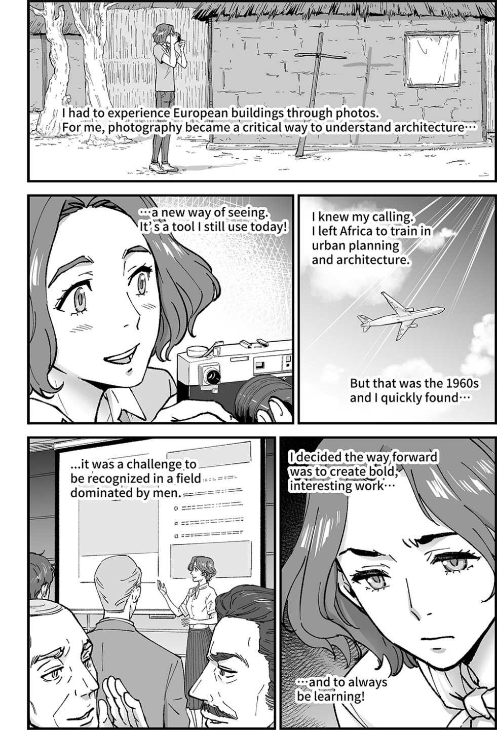 Denise in her youth as she goes from photographing South African architecture to moving overseas to expand her knowledge of urban-planning.