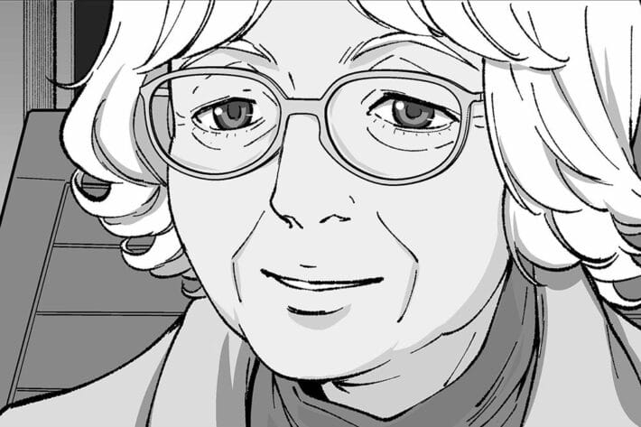 A black and white manga illustration of Denise Scott Brown.