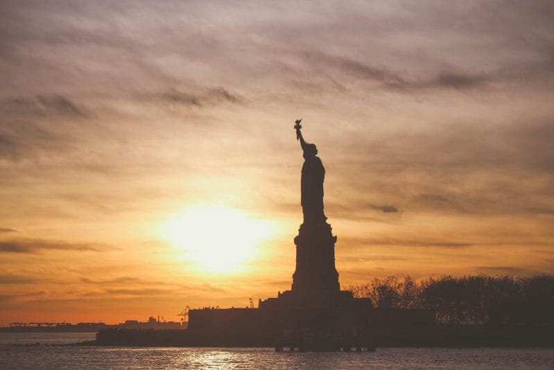 The Statue of Liberty with sunrise.