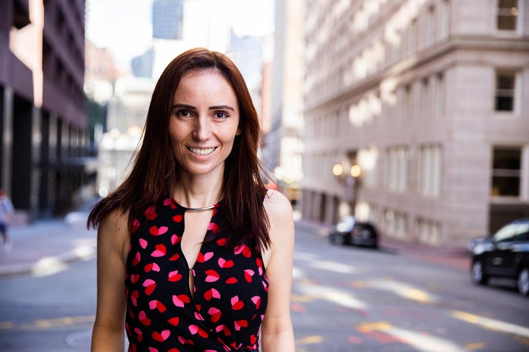 Silvi Rouskin standing on a Boston city street.