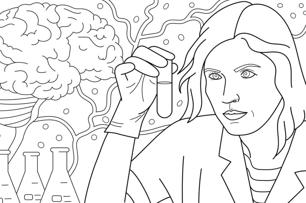 A line drawing of Viviana Gradinaru looking into a vial.