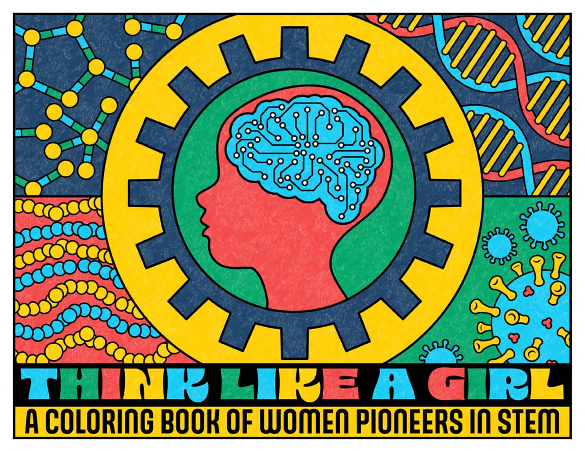 The coloring book cover: a red, blue, yellow, and green illustration of a brain, a cog and other science-themed drawings.