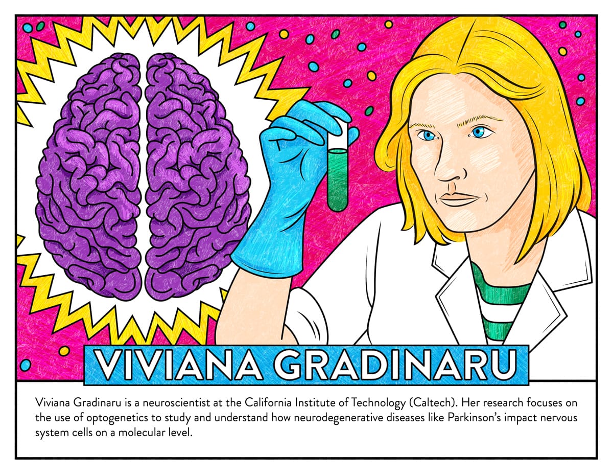 A pink and purple illustration of Viviana Gradinaru and a brain.