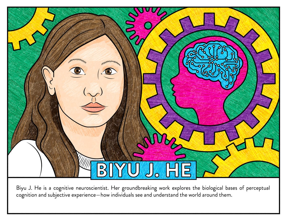 A colored-in illustration of Biyu He with drawings of a human brain and cogs.
