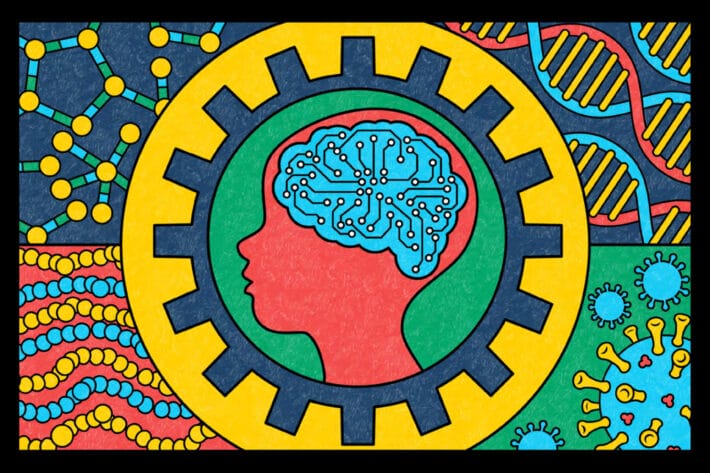 The coloring book cover: a red, blue, yellow, and green illustration of a brain, a cog and other science-themed drawings.