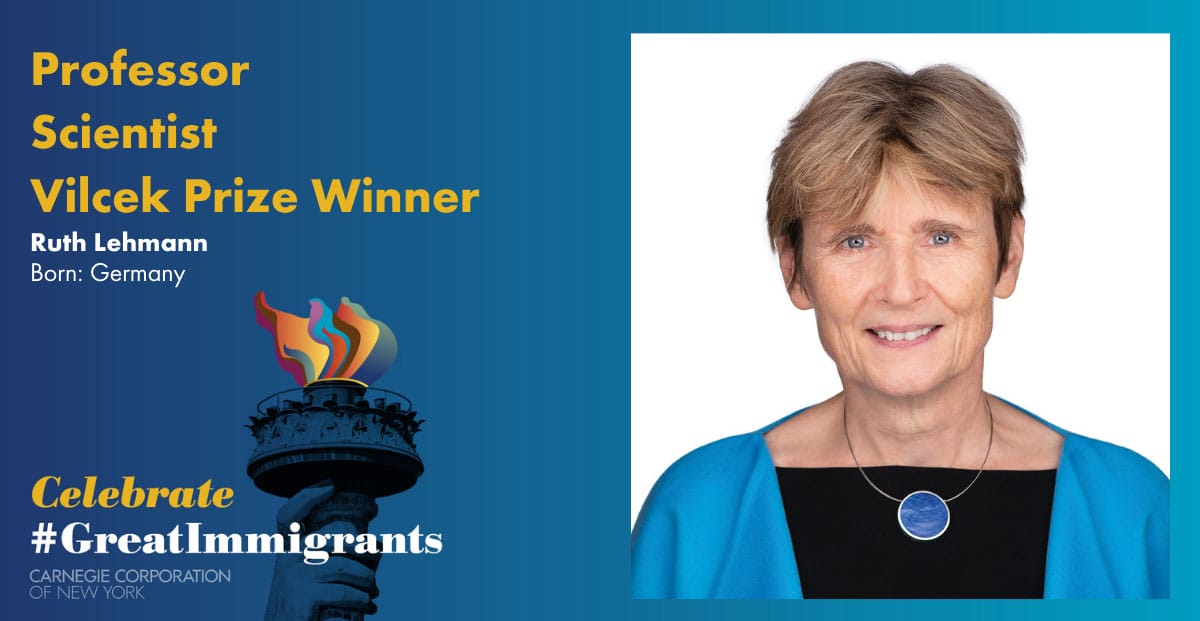 Ruth Lehmann's headshot on Carnegie Corporation's Great Immigrants banner with blue background. 