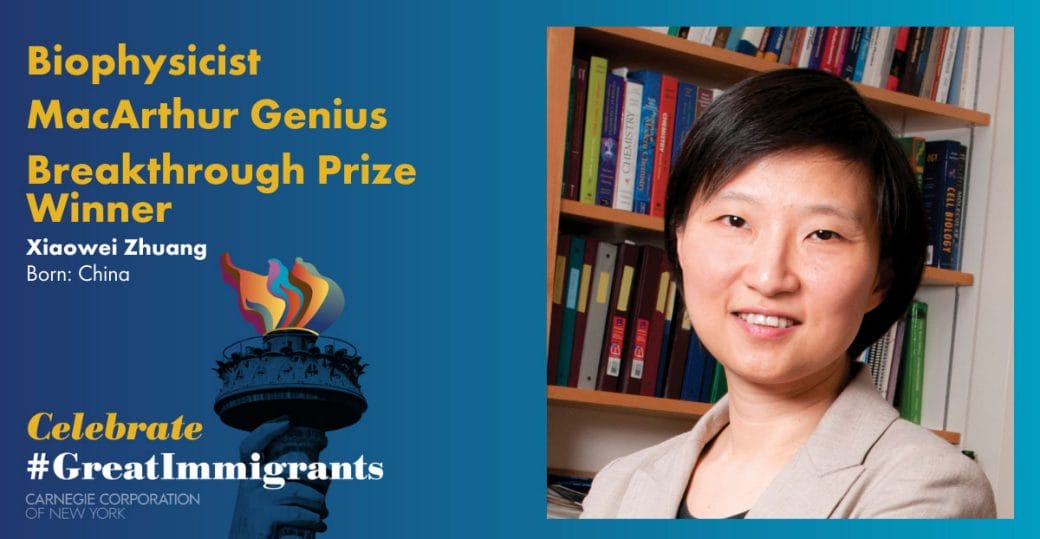 Xiaowei Zhuang's headshot on Carnegie Corporation's Great Immigrants banner with blue background. 