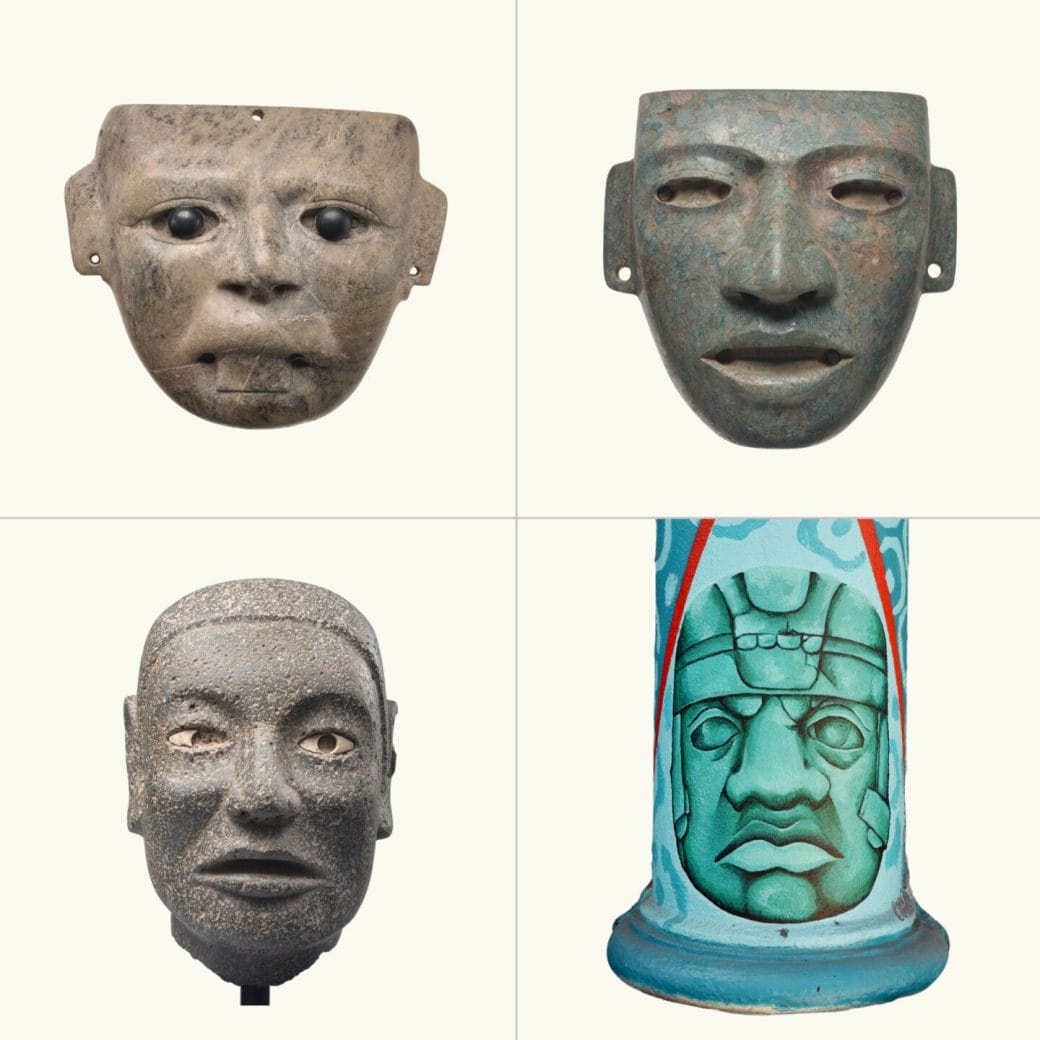 A comparison of 4 objects: 1. stone mask with black pupils, 2. green stone mask with defined facial features and eye holes, 3. basalt head with inlaid eyes, 4. turquoise pillar painted with a mask with defined features.