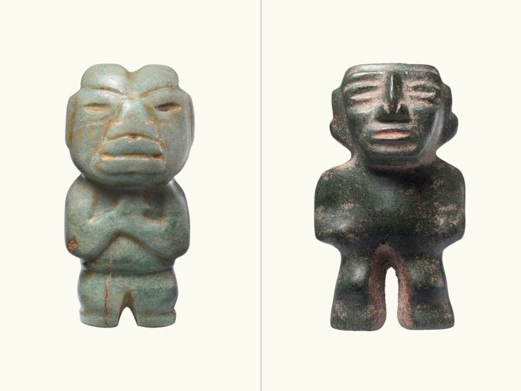 A comparison of two standing figures: light jade figure with crossed-arms (left) and stone figure with undefined arms (right).