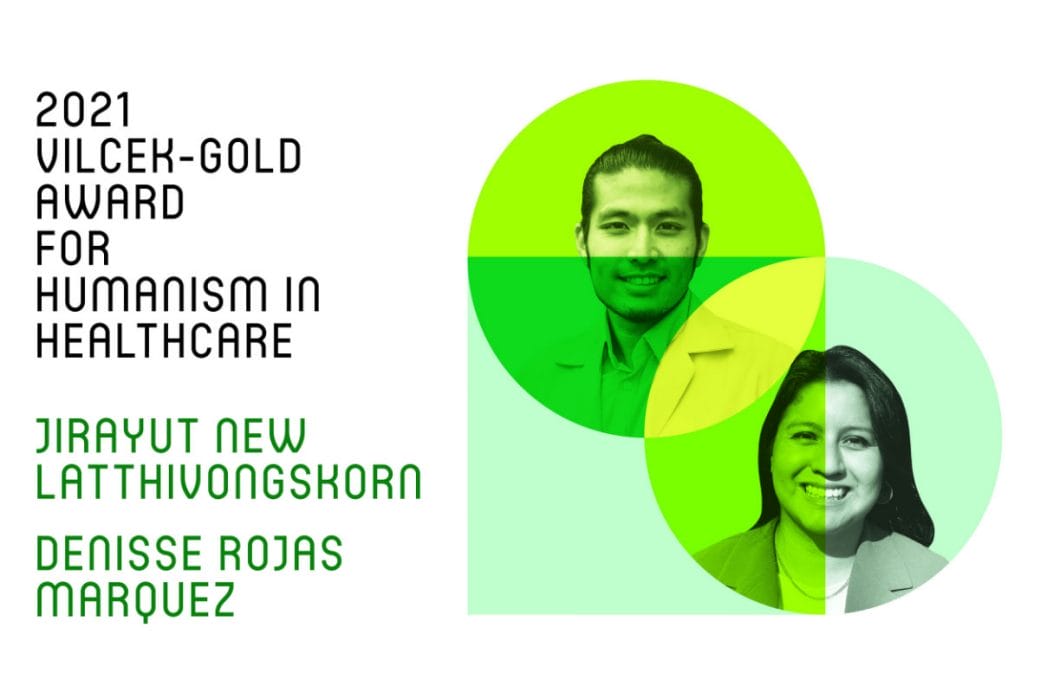 Vilcek-Gold announcement banner including New and Denisse's photographs in a graphic, green heart.