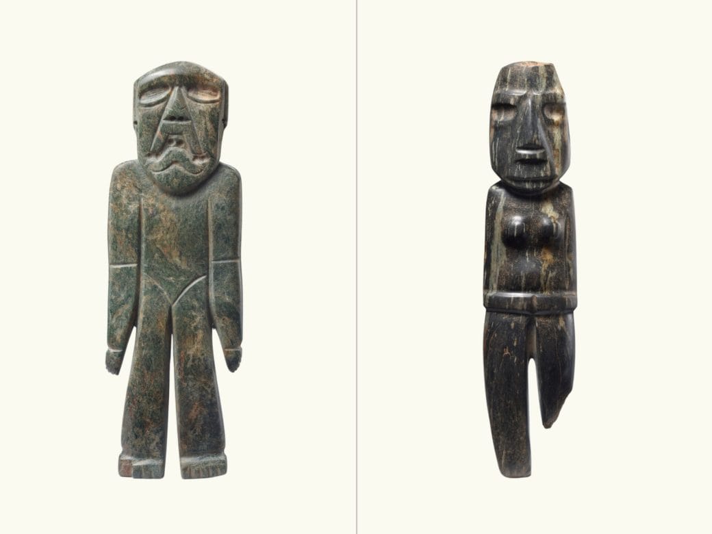 A comparison of two stone figures: standing figure with detailed face (left) and standing figure with absent right foot (right).