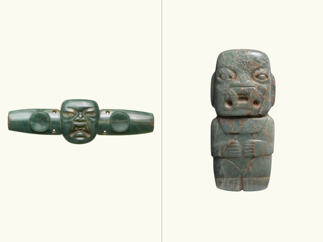 A comparison of two jade objects: long horizontal object with mask carving in the middle (left) and sitting figure carving (right).
