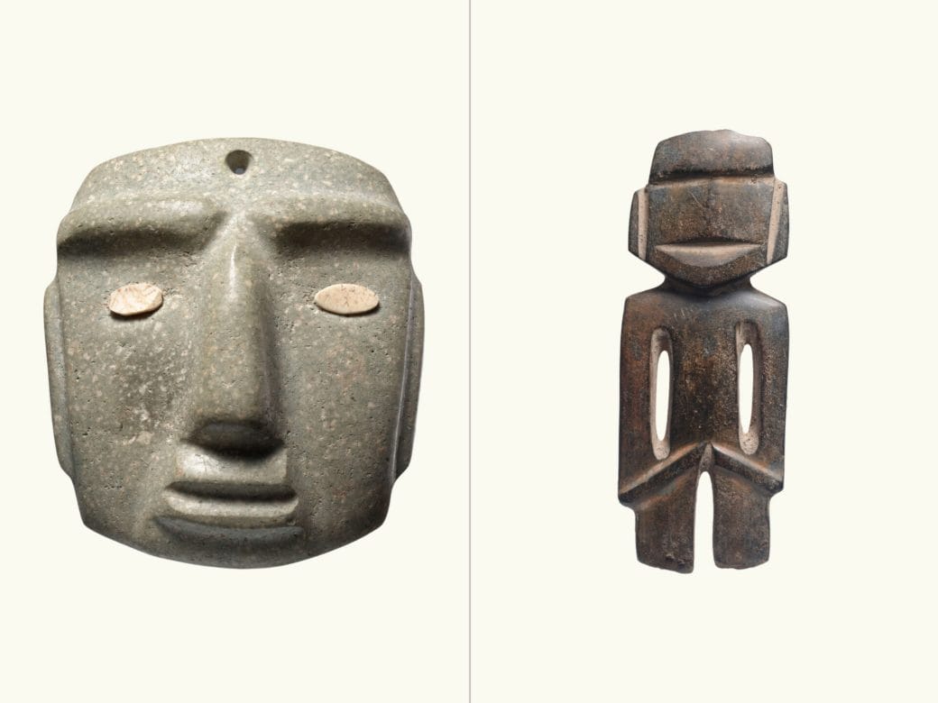 A comparison of two stone figures: a mask with stone eyes (left) and a brown standing figure (right).