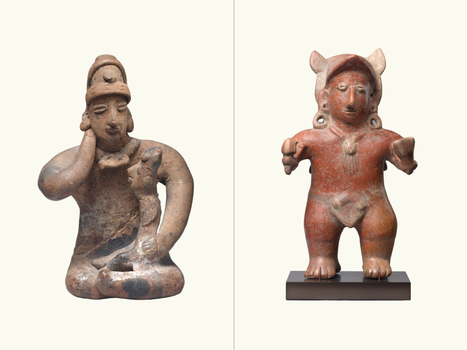 A comparison of two ceramic figures: beige figure sitting with a child (left) and a red figure adorned with accessories.