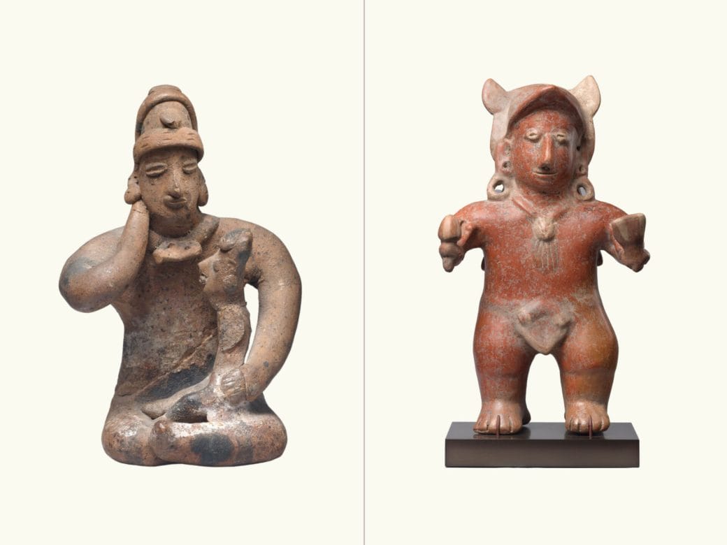 A comparison of two ceramic figures: beige figure sitting with a child (left) and a red figure adorned with accessories.