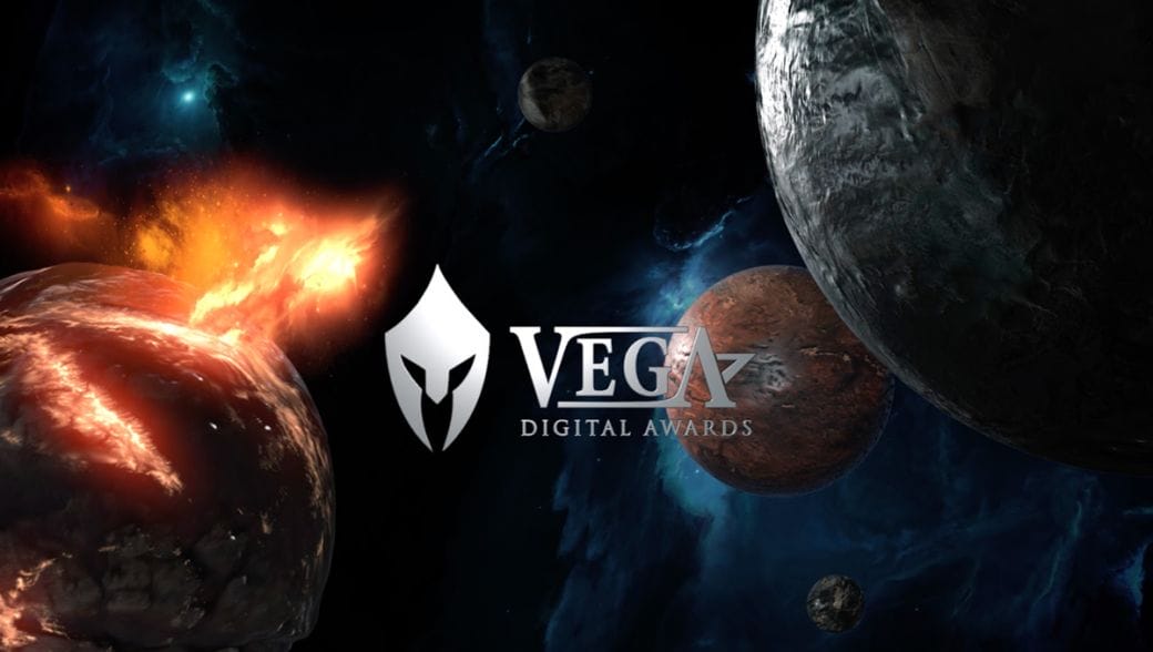 The Vega Awards logo with an outer space graphic behind it.